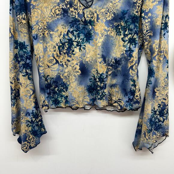 Vintage Y2K 2000s Fashion Bug Blue Tan Tie Neck Floral Flare Top Boho Fairy - Picture 5 of 8